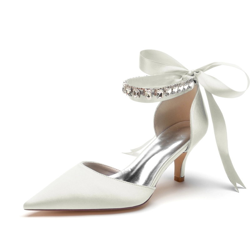 Satin Kitten Heel Pumps Bow D'orsay Shoes With Crystal Strap - Image 2