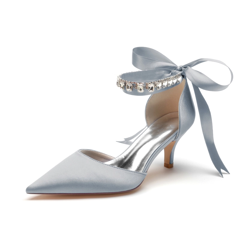 Satin Kitten Heel Pumps Bow D'orsay Shoes With Crystal Strap - Image 15