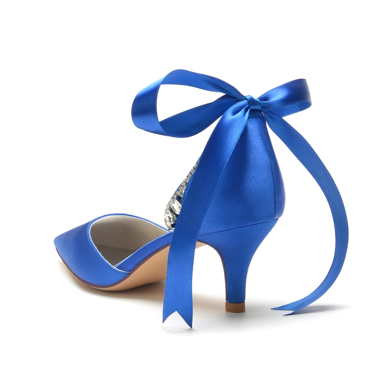 Satin Kitten Heel Pumps Bow D'orsay Shoes With Crystal Strap - Image 19