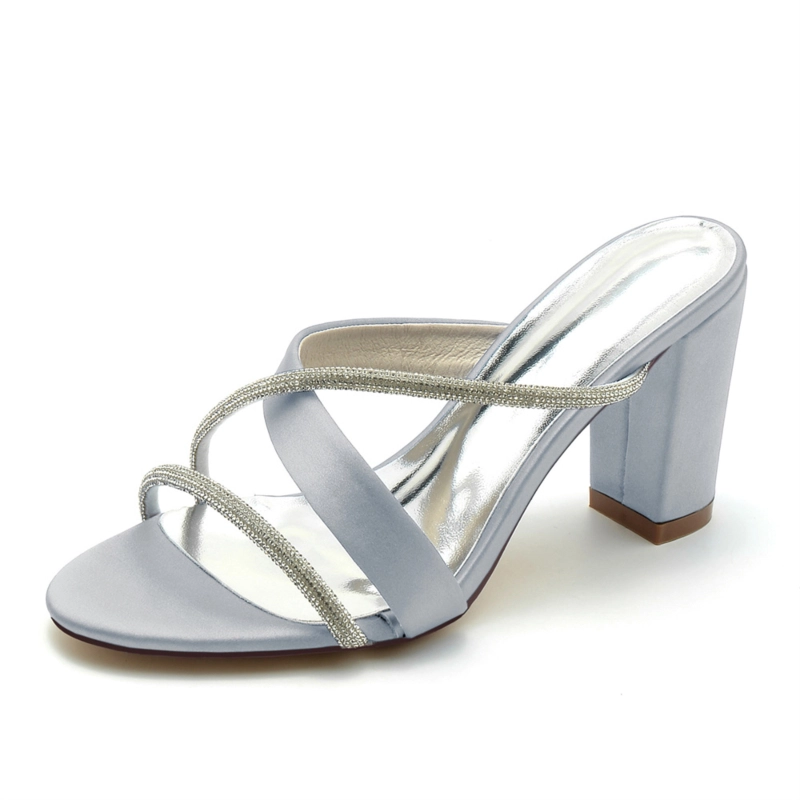Satin Open Toe Rhinestone Cross Strap Heel Mules Wedding Sandals - Image 8