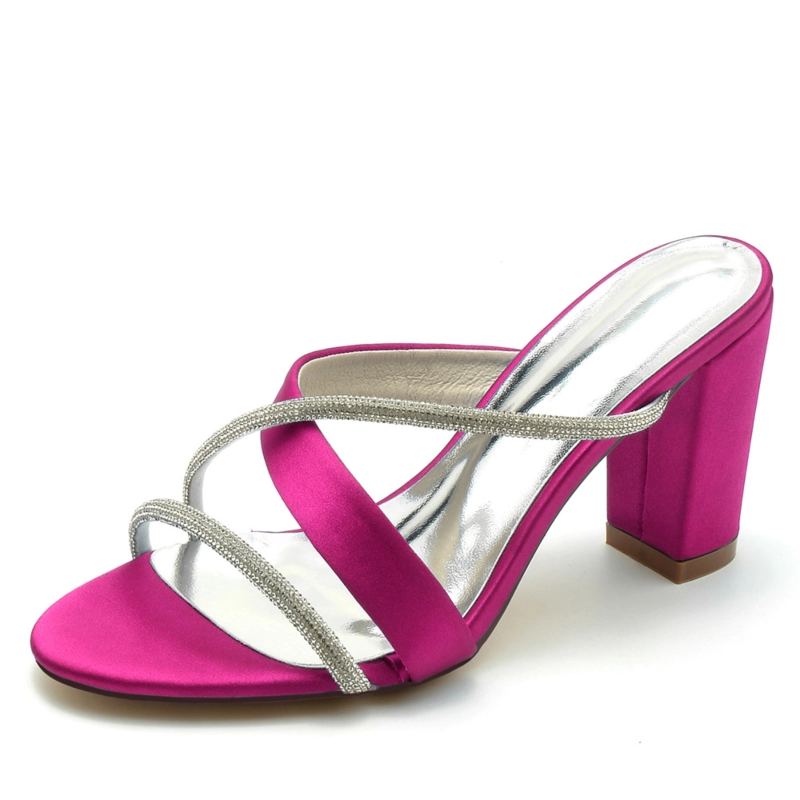 Satin Open Toe Rhinestone Cross Strap Heel Mules Wedding Sandals - Image 4