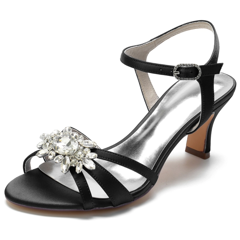 Satin Open Toe Rhinestone Slingback Heel Sandals Wedding Shoes - Image 11