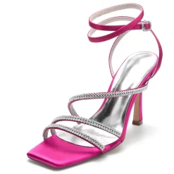 Satin Open Toe Rhinestone Stiletto Heel Strappy Party Sandals