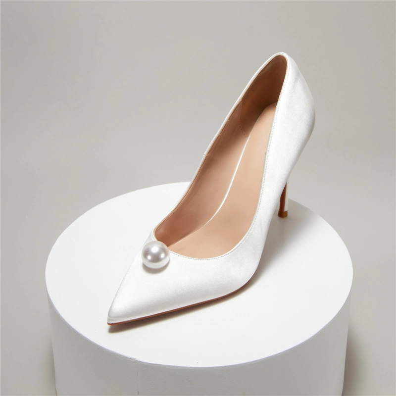 Satin Pearls Bow Wedding Heels Closed-Toe Stiletto Bridal Pumps