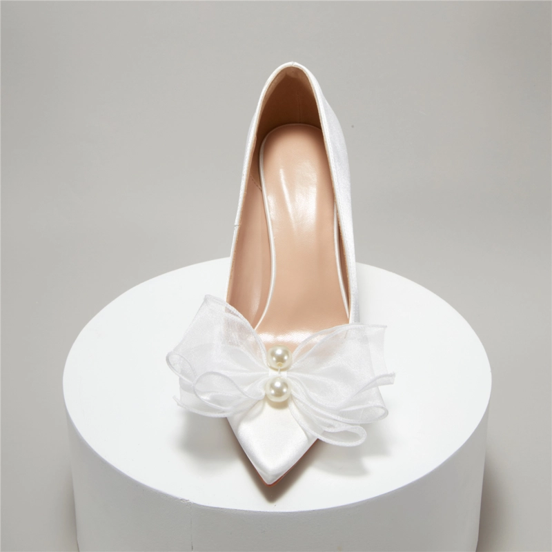 Satin Pearls Bow Wedding Heels Closed-Toe Stiletto Bridal Pumps - Image 17