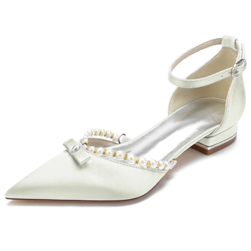 Satin Pointed Toe Ankle Strap Pearl And Bow Wedding Flats