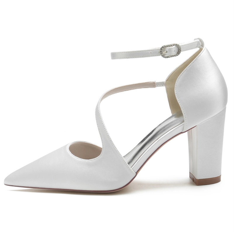 Satin Pointed Toe Chunky Heel Ankle Strap Pumps Wedding Shoes - Image 11