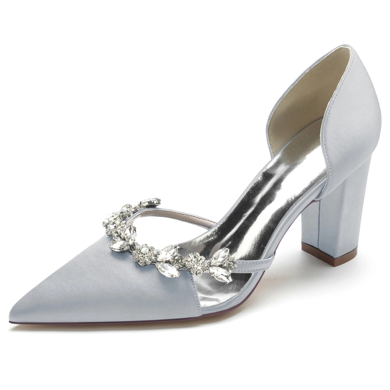 Satin Pointed Toe Chunky Heel Rhinestone Jewelry D'orsay Pumps Bride Shoes - Image 8