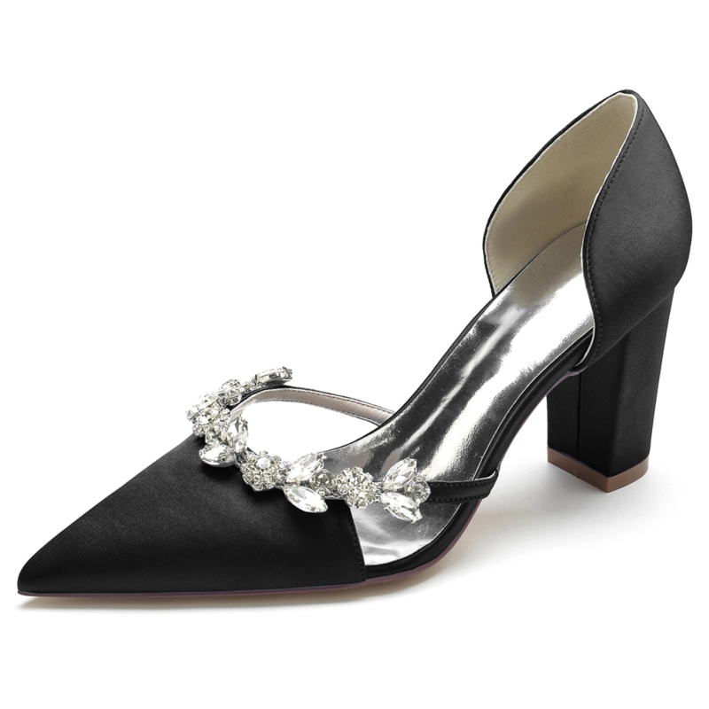 Satin Pointed Toe Chunky Heel Rhinestone Jewelry D'orsay Pumps Bride Shoes - Image 5