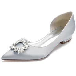 Satin Pointed Toe Rhinestone Buckle Flat Shoes