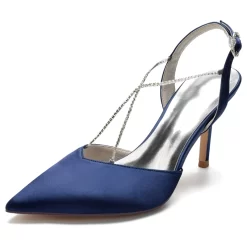 Satin Pointed Toe Rhinestone Cross Strap Slingback Heel Pumps