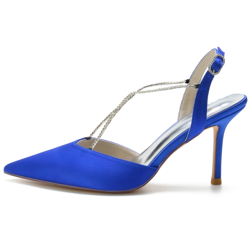 Satin Pointed Toe Rhinestone Cross Strap Slingback Heel Pumps - Image 11