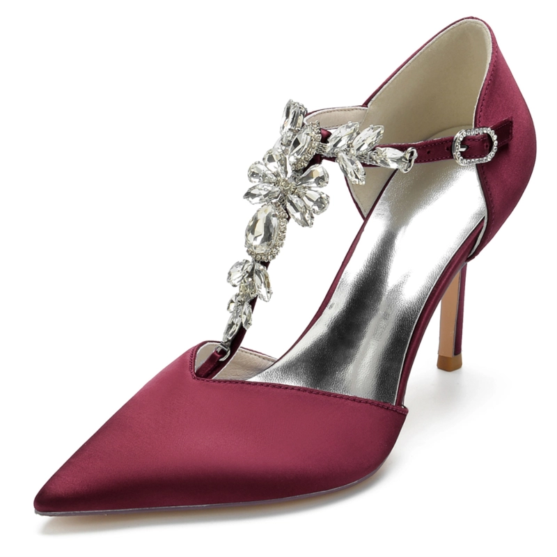 Satin Pointy Toe Jewelry T Strap Heels Wedding Pumps