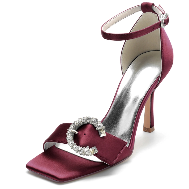 Satin Rhinestone Buckle Open Toe Stiletto Ankle Strap Sandals - Image 12