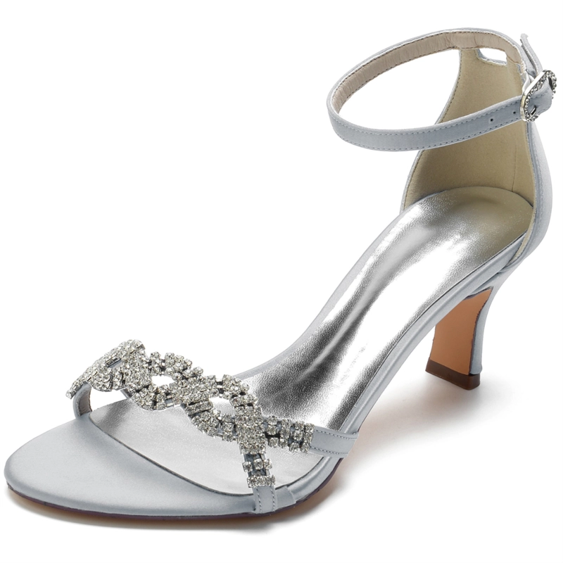 Satin Rhinestone Low Heel Ankle Strap Wedding Sandals - Image 8