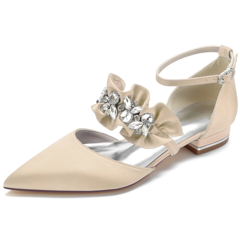 Satin Ruffle Flats With Rhinestones Ankle Strap D'orsay Flat Shoes - Image 4