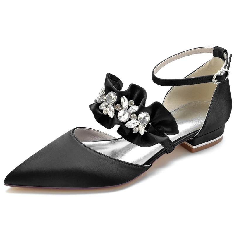 Satin Ruffle Flats With Rhinestones Ankle Strap D'orsay Flat Shoes