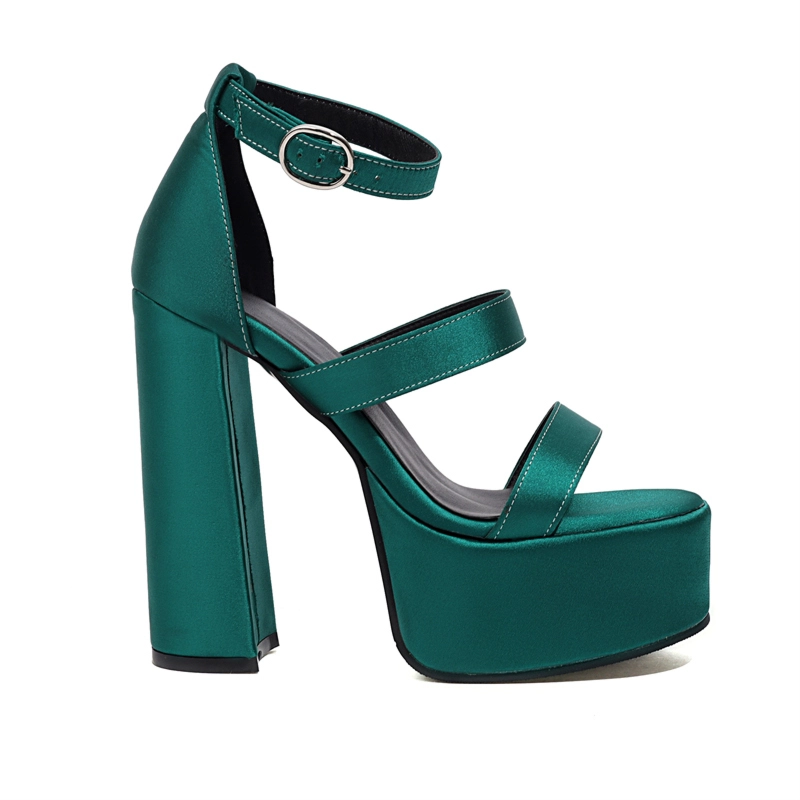 Satin Triple Strap Chunky Heels Platform Sandals Strappy Party Sandals With Buckle - Image 6