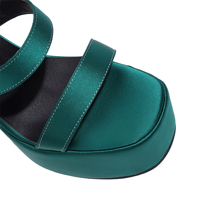 Satin Triple Strap Chunky Heels Platform Sandals Strappy Party Sandals With Buckle - Image 8