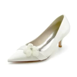 Satin Wedding Pumps With Pearl Flower Chic Bridal Shoes Kitten Heels