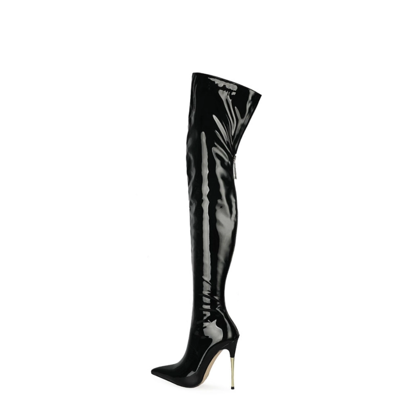 Shiny PU Long Thigh High Boots Stiletto Heel Wide Calf Zip Boots - Image 3