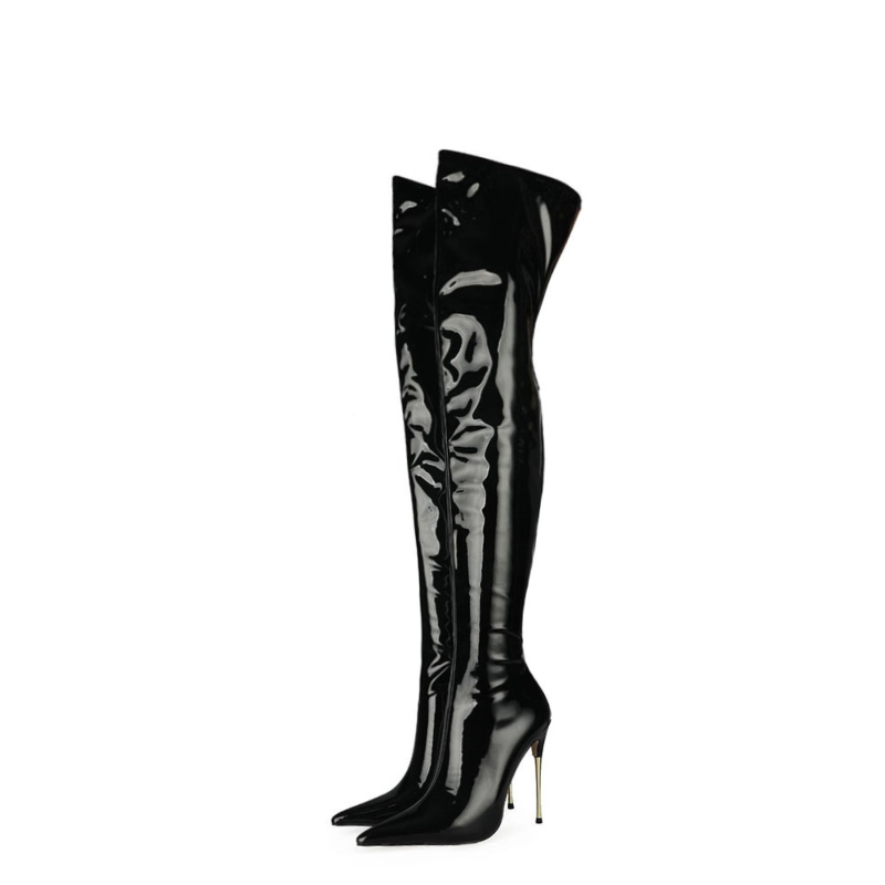 Shiny PU Long Thigh High Boots Stiletto Heel Wide Calf Zip Boots - Image 6