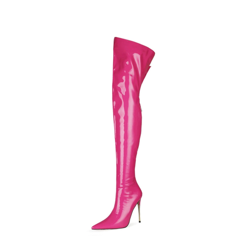 Shiny PU Long Thigh High Boots Stiletto Heel Wide Calf Zip Boots - Image 7