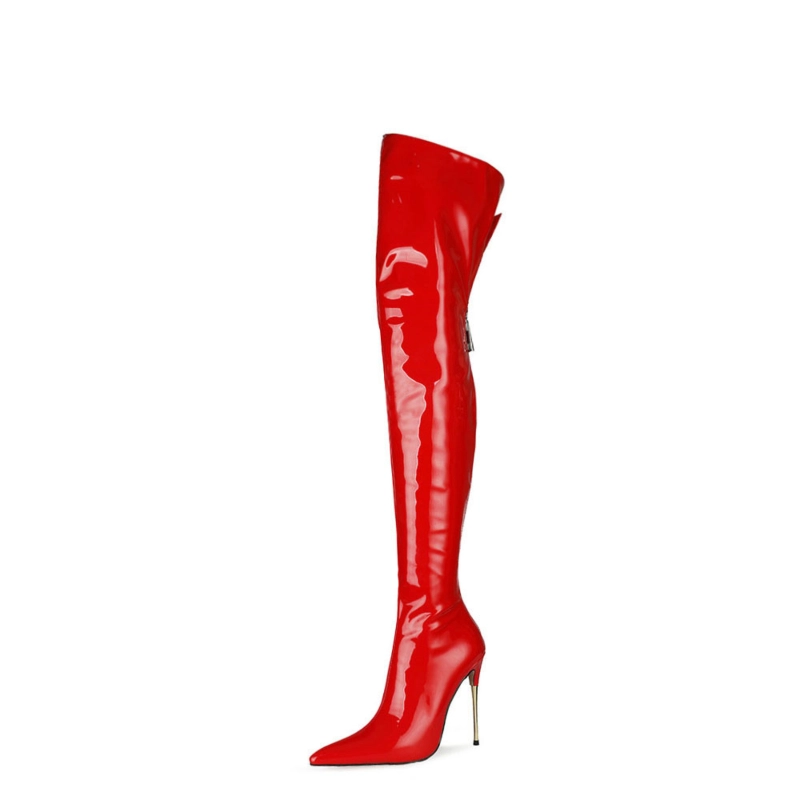 Shiny PU Long Thigh High Boots Stiletto Heel Wide Calf Zip Boots - Image 13