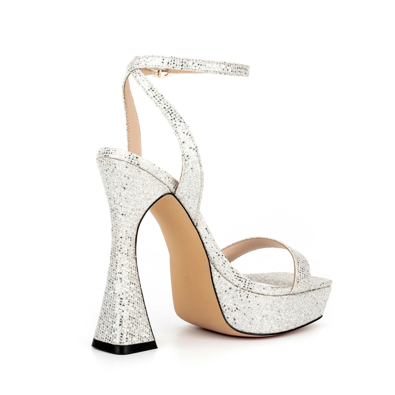 Glitter Spool Heel Platform Sandals Square Toe Ankle Strap High Heels - Image 13