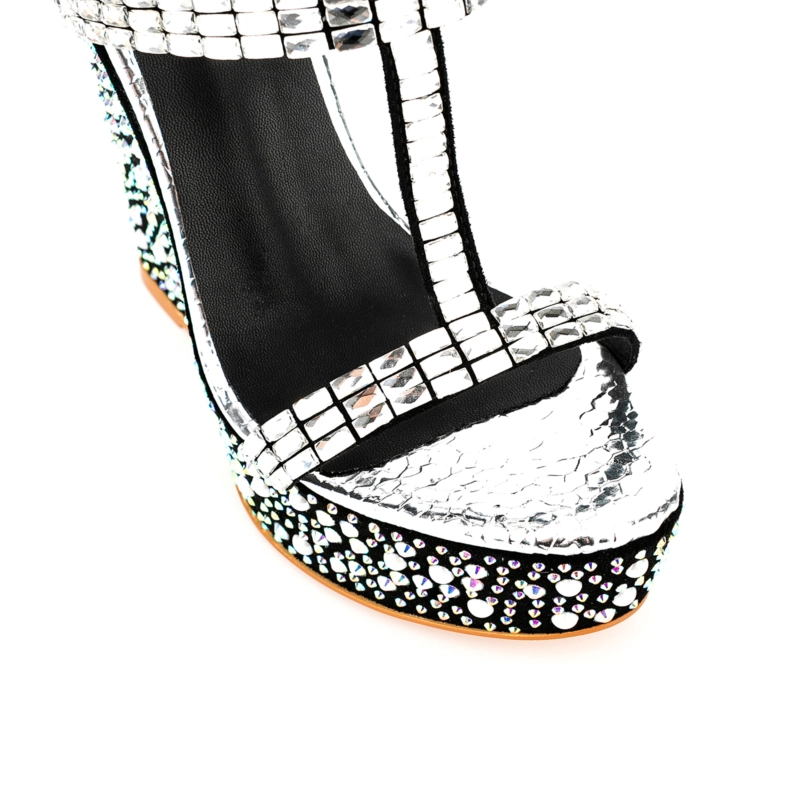 Silver Rhinestone Open Toe Wedge Heel Mule Sandals - Image 3