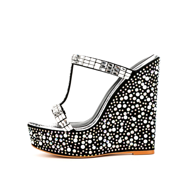 Silver Rhinestone Open Toe Wedge Heel Mule Sandals - Image 2