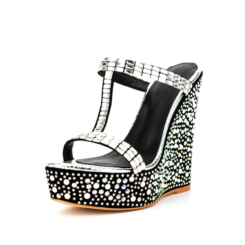 Silver Rhinestone Open Toe Wedge Heel Mule Sandals