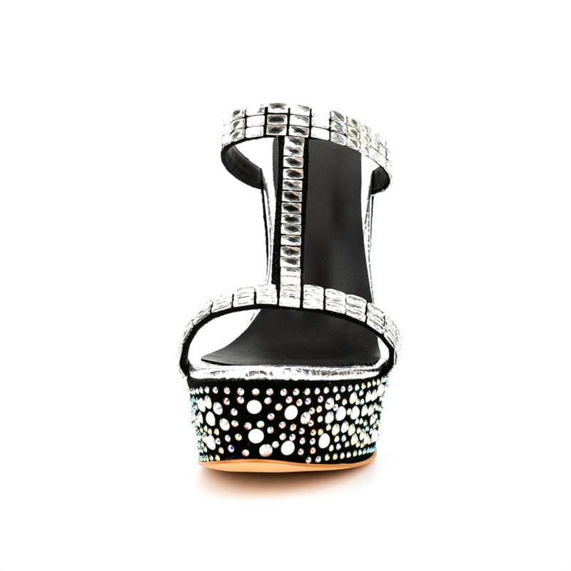 Silver Rhinestone Open Toe Wedge Heel Mule Sandals - Image 6