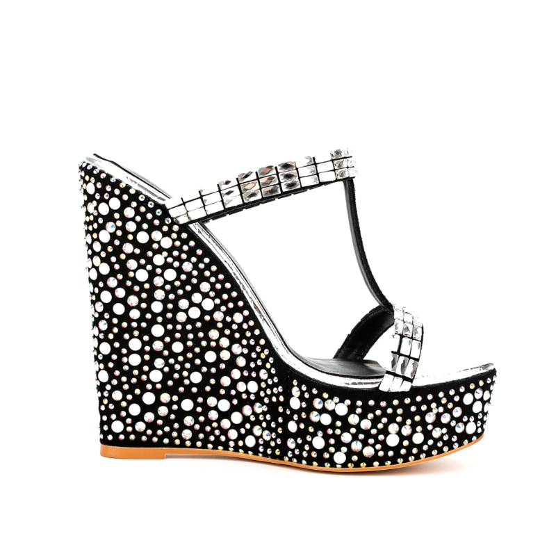 Silver Rhinestone Open Toe Wedge Heel Mule Sandals - Image 7