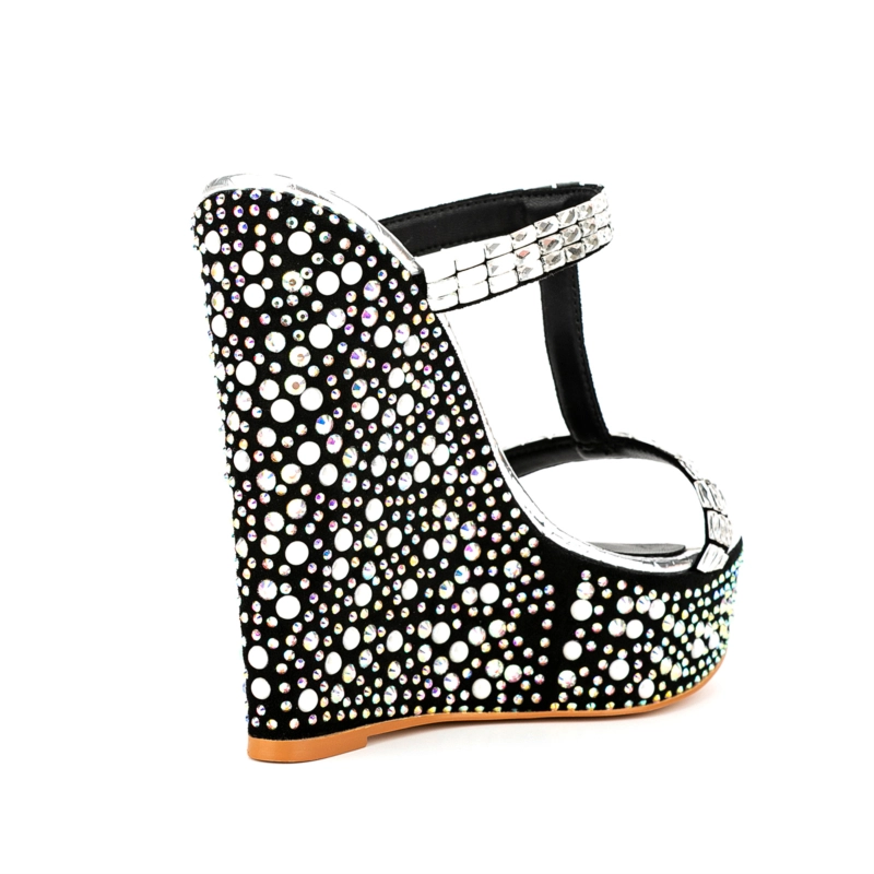 Silver Rhinestone Open Toe Wedge Heel Mule Sandals - Image 4