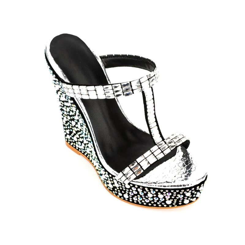 Silver Rhinestone Open Toe Wedge Heel Mule Sandals - Image 5