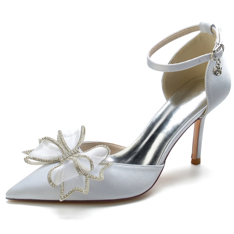 Champagne Satin Wedding Shoes Ankle Strap Pointed Toe Stiletto Pumps With Bow - Image 2