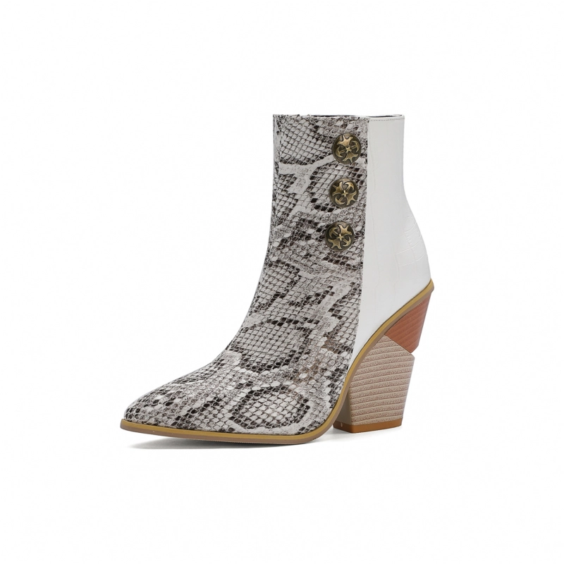 Snake Effect Button Boots Zipper Block Heel Ankle Booties - Image 11