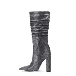 Snake Embossed Pointy Toe Zip Block Heel Slouchy Mid Calf Boots -Ladies Fashion Shoes snake embossed pointy toe zip block heel slouchy mid calf boots grey 3 1 1.jpg.mst
