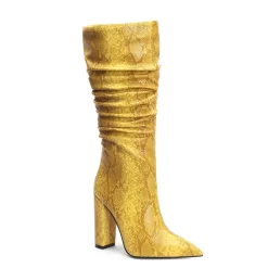 Snake Embossed Pointy Toe Zip Block Heel Slouchy Mid Calf Boots -Ladies Fashion Shoes snake embossed pointy toe zip block heel slouchy mid calf boots yellow 1 .jpg.mst