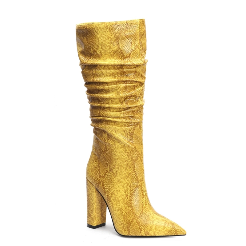 Snake Embossed Pointy Toe Zip Block Heel Slouchy Mid Calf Boots - Image 5