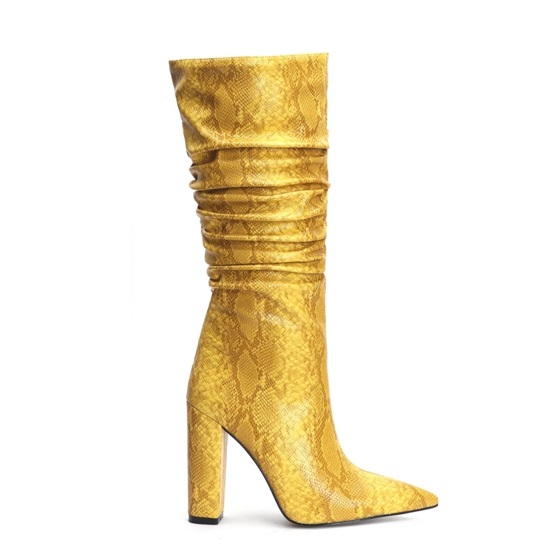 Snake Embossed Pointy Toe Zip Block Heel Slouchy Mid Calf Boots - Image 6