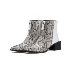 Snake Effect Block Heel Ankle Boots Pointy Toe Short Booties With Back Zipper -Ladies Fashion Shoes snake print chunky square heel ankle boots with back zipper 10 1 1.jpg.mst