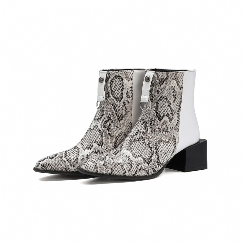 Snake Effect Block Heel Ankle Boots Pointy Toe Short Booties With Back Zipper - Image 8