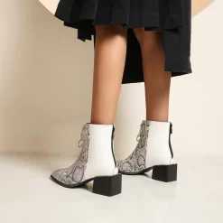 Snake Effect Block Heel Ankle Boots Pointy Toe Short Booties With Back Zipper -Ladies Fashion Shoes snake print chunky square heel ankle boots with back zipper 32 1.jpg.mst