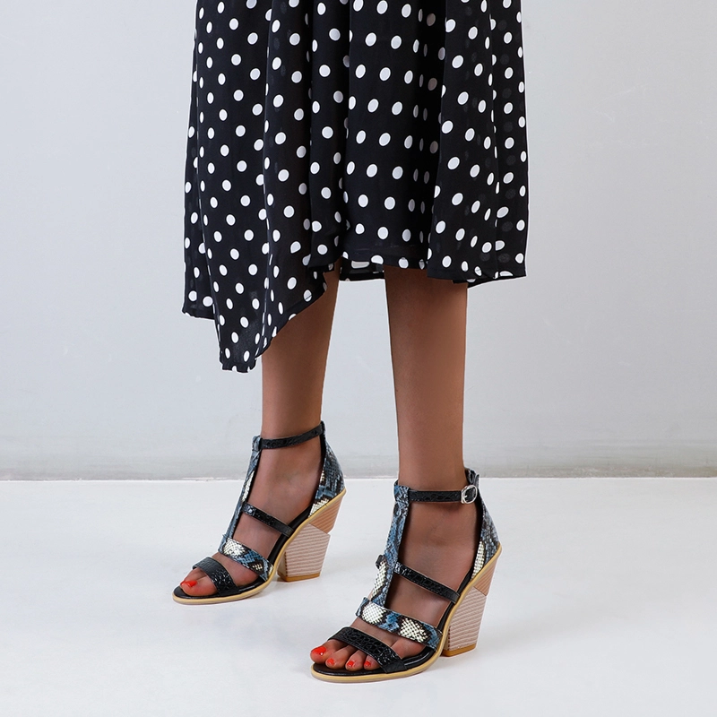 Snake Print Dress Sandals T-Strap Block Heel Strappy Sandals Shoes - Image 6