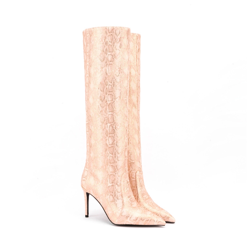 Snake Print Knee High Stiletto Boots Pointed Toe Dress Boots For Women - Image 13