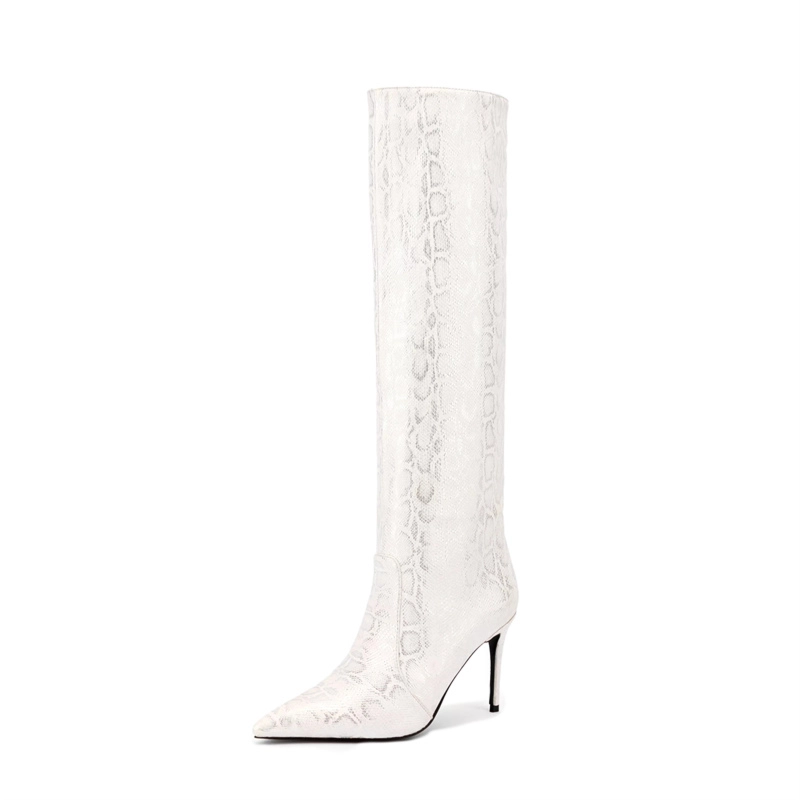 Snake Print Knee High Stiletto Boots Pointed Toe Dress Boots For Women - Image 15