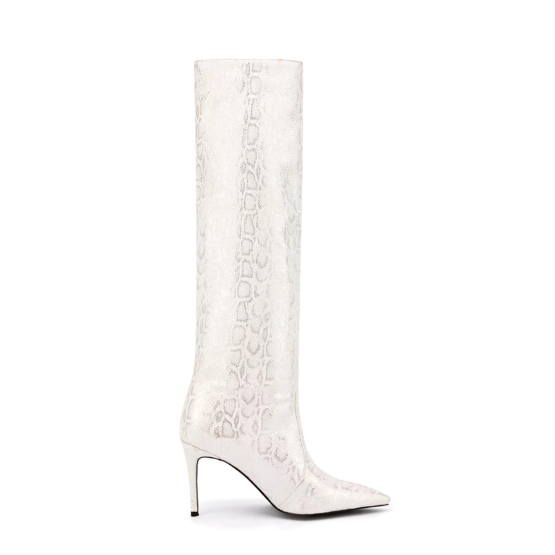 Snake Print Knee High Stiletto Boots Pointed Toe Dress Boots For Women - Image 19