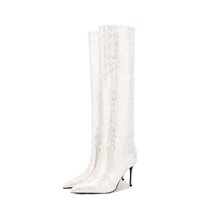 Snake Print Knee High Stiletto Boots Pointed Toe Dress Boots For Women - Image 20